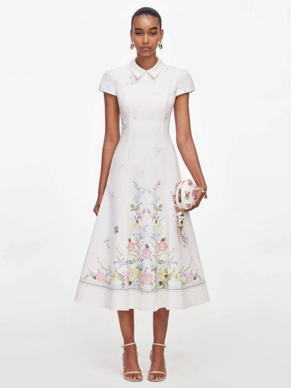Self-Portrait NWOT WHITE FLORAL LINEN BLEND MIDI DRESS